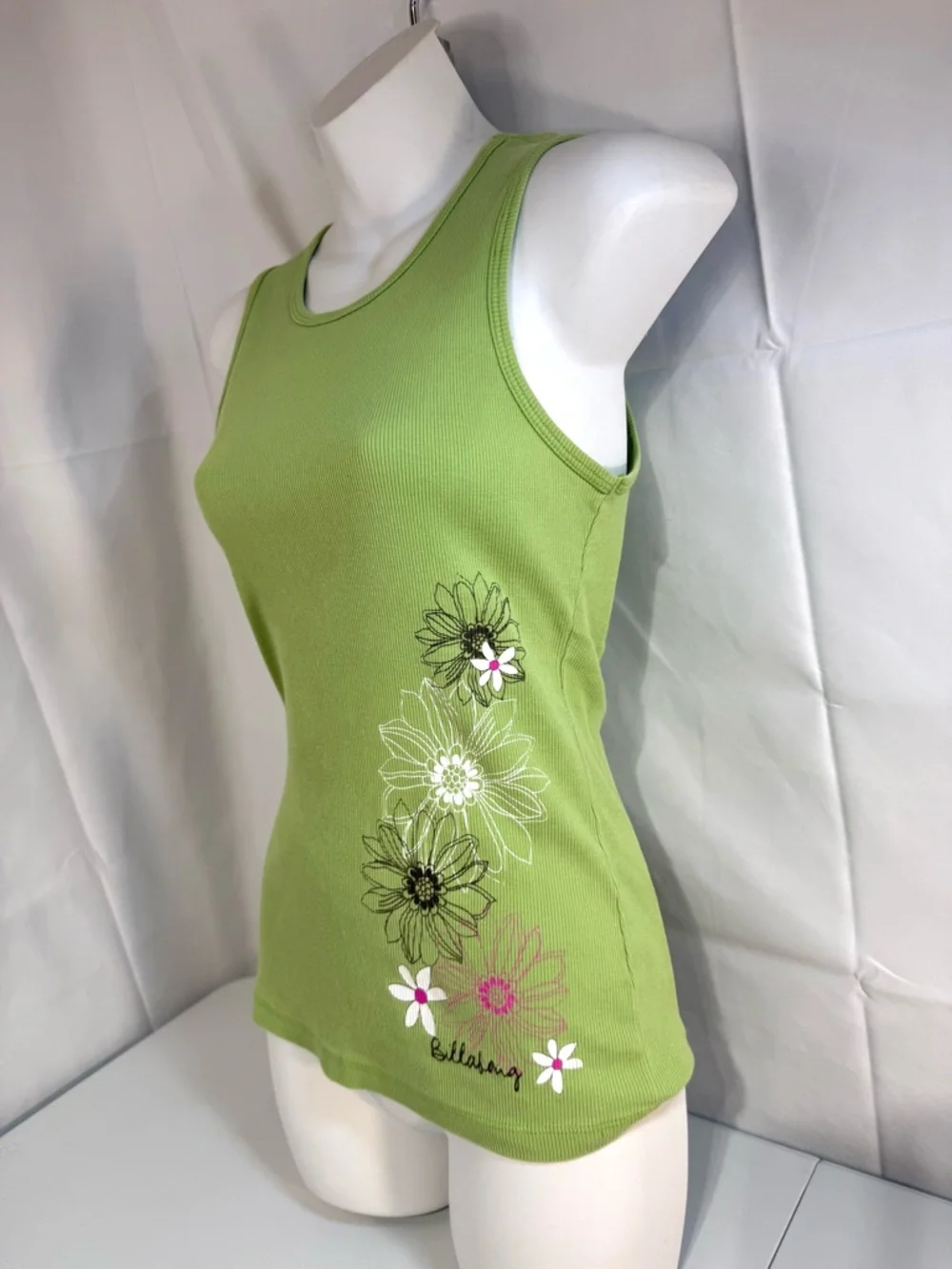 Vintage Billabong Ribbed Tank Top Floral Y2K Green Cotton Size L - Picture 2 of 9